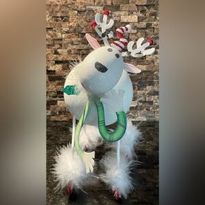 Pier 1 White Glitter Reindeer with Santa Hat & Boots Green Scarf Christmas decor